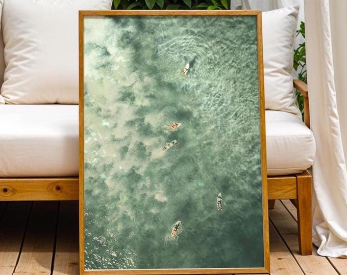 Sage Green Tiny Surfers Wall Art Unframed Poster Ocean Waves Surfboard Retro Sun Beach House Swimming Decor Beachy Surf Aerial Photography