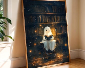Spooky Ghost Reading in Library Art Print: Halloween Cottagecore Decor (Digital Download)