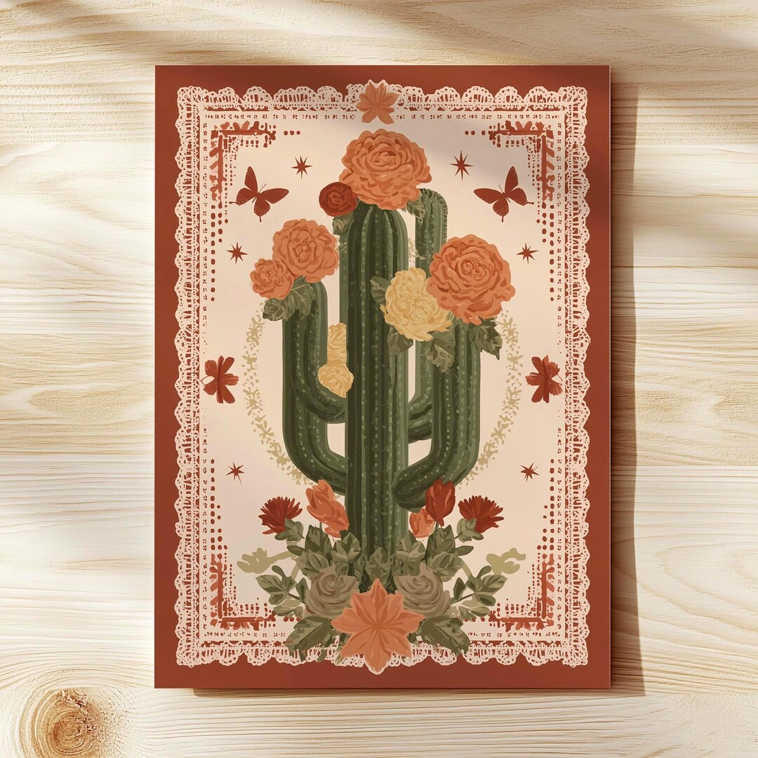 Mexican Folk Art Cactus Unframed Poster | Papel Picado Floral Wall Art ...