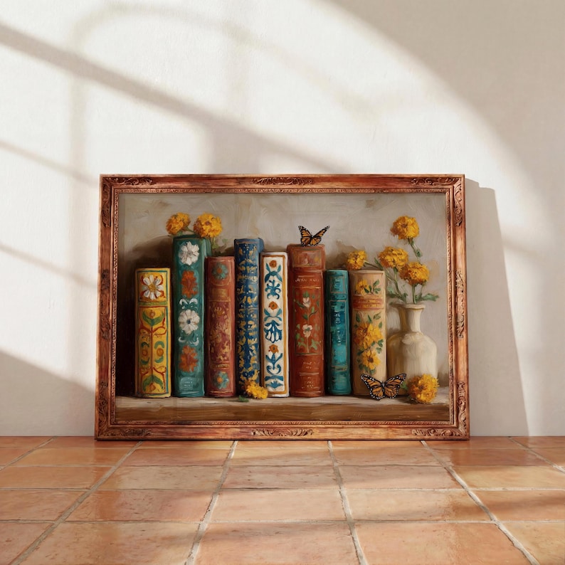 Mexican Floral Book Wall Art | Monarch Butterfly Library Print | Painted Book Stack Decor | Talavera Style Botanical Art | Digital Download