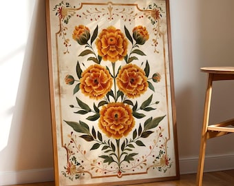 Marigold Folk Art Print Digital Download Papel Picado Style Mexican Floral Decor Dia de los Muertos Wall Art Fall Vintage Aesthetic
