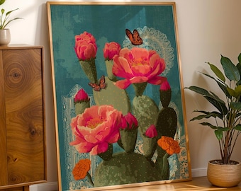 Mexican Cactus Wall Art | Nopal with Pink Flowers Monarch Butterflies Digital Print | Folk Art Heritage Decor | Día de los Muertos Download