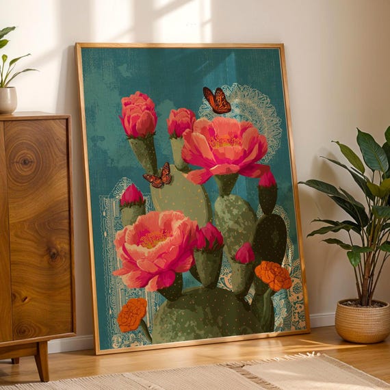 Mexican Cactus Wall Art | Nopal with Pink Flowers Monarch Butterflies Digital Print | Folk Art Heritage Decor | Día de los Muertos Download