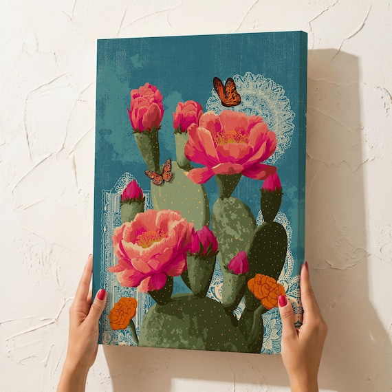 Mexican Cactus Unframed Canvas Wall Art | Nopal with Pink Flowers & Monarch Butterflies Canvas Print | Heritage Folk Art Decor