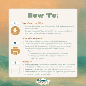 May include: A guide titled "How To:" on a light green background with illustrations. It provides instructions on downloading files, printing artwork, and framing prints. The Cloud Canvas Co. logo is at the bottom.