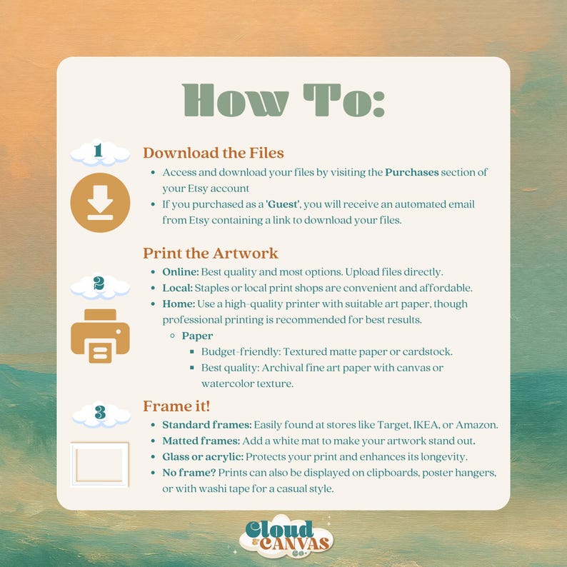 May include: A guide titled "How To:" on a light green background with illustrations. It provides instructions on downloading files, printing artwork, and framing prints. The Cloud Canvas Co. logo is at the bottom.