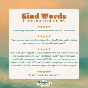 May include: A cream-colored graphic with the text "Kind Words from our customers" in a brown, vintage font. Customer reviews are displayed below, with a logo for "Cloud Canvas Co." at the bottom. The background is a light teal color.