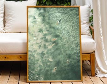 Sage Green Tiny Surfer Digital Wall Art Print Aerial Photography Surfboard Retro Sun Beach House Tiny People Swimming Decor Beachy Dorm Room