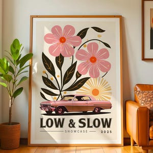 Retro Car and Flowers Print: Mid-Century Modern Wall Art (Digital Download)
