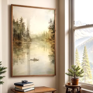 Canoe on the Lake Digital Print Watercolor Canoe Art Lake House Wall Art Lake Scene Gift for Dad Rustic Cabin Decor Summer Landscape