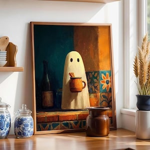 Cafecito Ghost Wall Art | Cozy Café de Olla Digital Print | Mexican Kitchen Ghost Decor | Rustic Fall Halloween Art | Instant Download