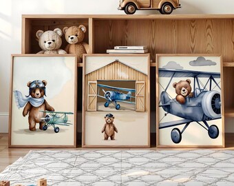 アビエイターベア 保育園用ウォールアートセット ヴィンテージ飛行機プリント 男の子の赤ちゃんの部屋用 小さなパイロット 保育園の装飾 3枚セット デジタル飛行機アート