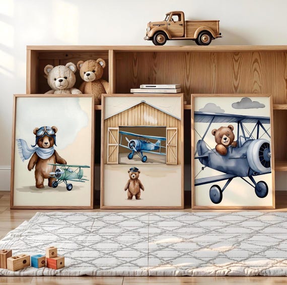 Aviator Bear Nursery Wall Art Set Vintage Airplane Prints for Baby Boy Room Little Pilot Nursery Decor Set of 3 Prints Digital Plane Art