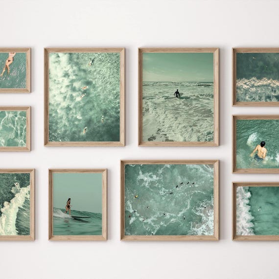 Sage Ocean Wall Art Prints Set of 10 Swimming Print Tiny People Art Beachy Wall Art Surfer Print Tiny People Swimming Pool Print Beach Surf