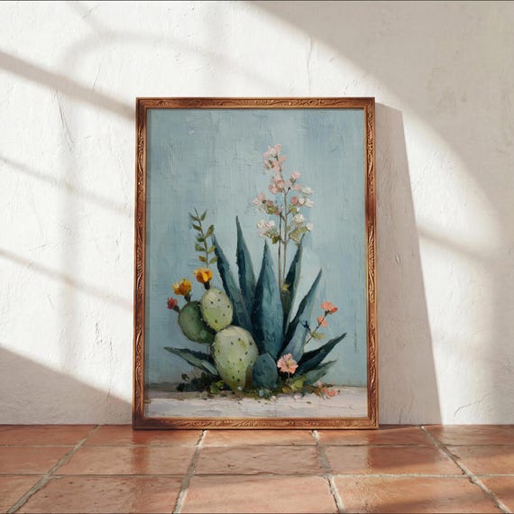 Agave Nopal Wall Art | Mexican Desert Botanical Decor | Southwest Folk Painting Style | Kitchen Cozy Home | Digital Download