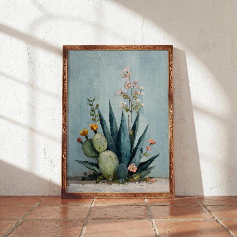 Agave Nopal Wall Art | Mexican Desert Botanical Decor | Southwest Folk Painting Style | Kitchen Cozy Home | Digital Download