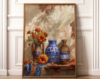 Mexican Talavera Vase Digital Print Hispanic Heritage Marigold Cempasúchil Wall Art Latinx Kitchen Decor Rustic Blue Pottery Art Printable