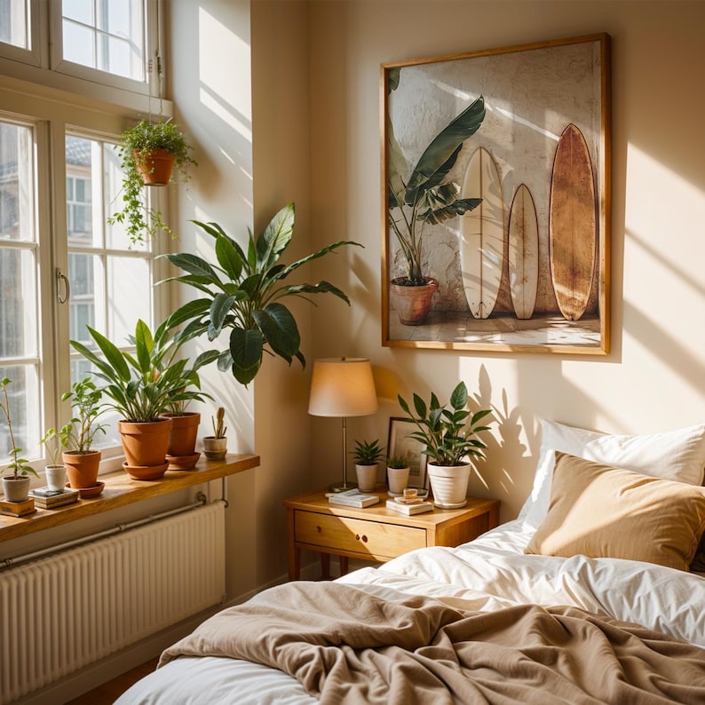 May include: A bedroom scene with a framed artwork of surfboards and a potted plant. The room features a bed with a tan blanket and pillow, a wooden nightstand with a lamp, and a window with potted plants. The overall color scheme is warm and inviting.