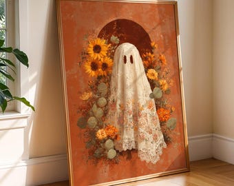 Boho Ghost Digital Print | Folk Art Halloween Wall Art with Sunflowers, Cactus & Lace | Autumn Spooky Season Decor | Instant Download