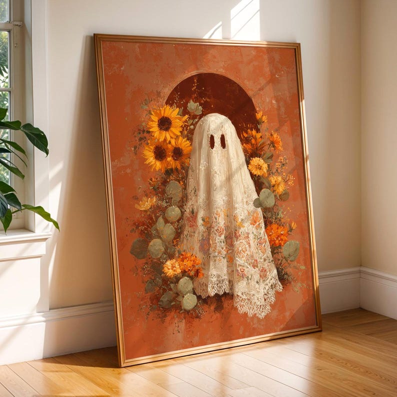 Boho Ghost Digital Print | Folk Art Halloween Wall Art with Sunflowers, Cactus & Lace | Autumn Spooky Season Decor | Instant Download
