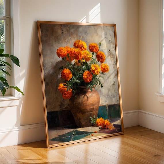 Warm Nostalgic Marigold Still Life Wall Art | Mexican Folk Kitchen Decor | Checkerboard Table Floral Printable Art