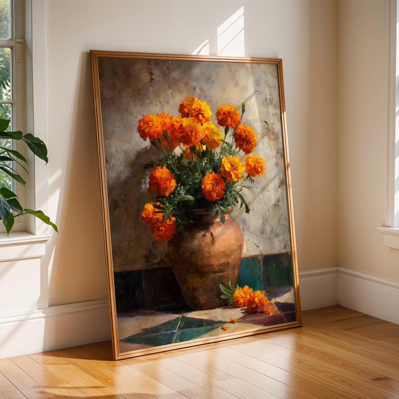 Warm Nostalgic Marigold Still Life Wall Art | Mexican Folk Kitchen Decor | Checkerboard Table Floral Printable Art