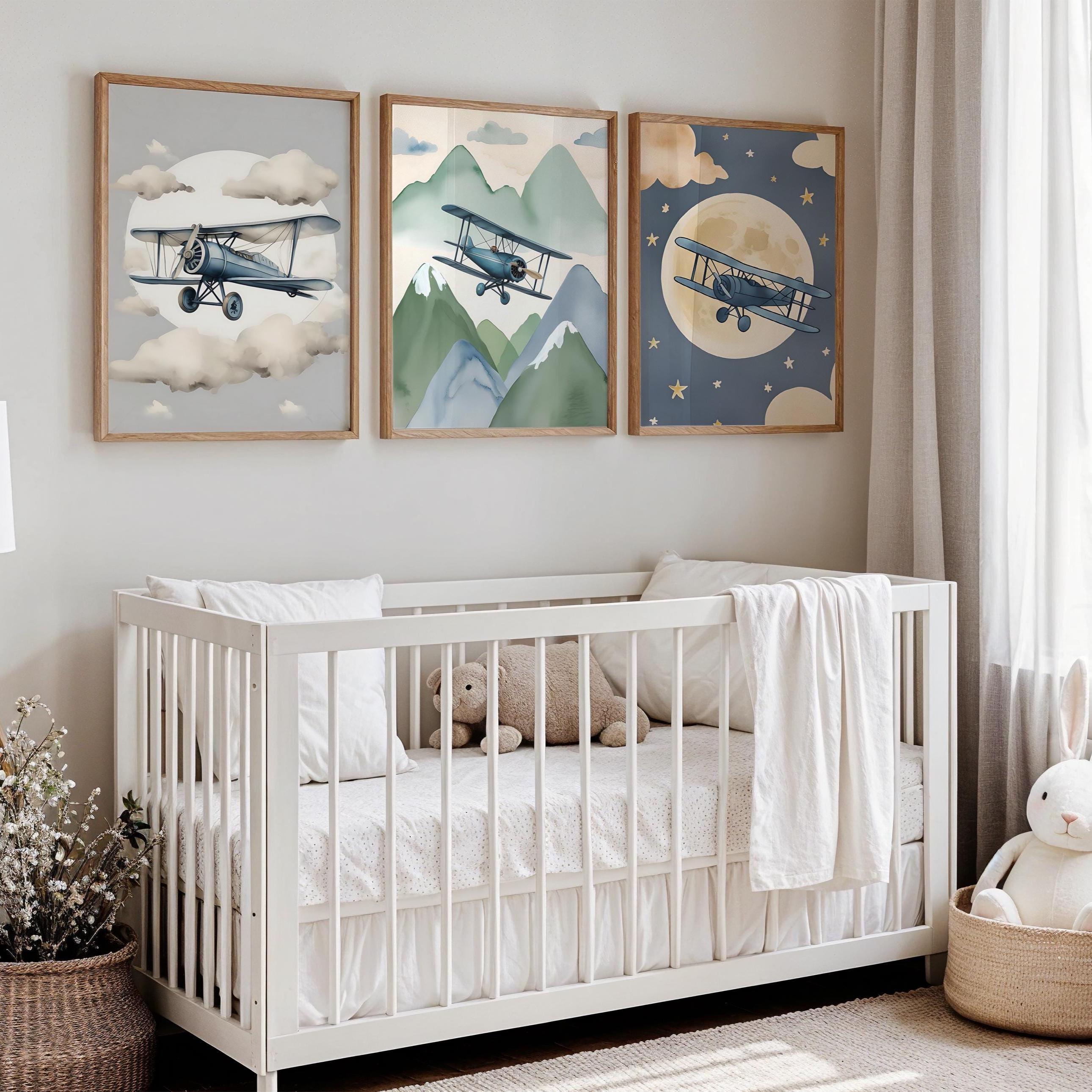 Vintage Airplane Nursery Wall Art Set | Flying Biplane Prints Travel ...