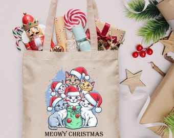 Meowy Christmas Tote Bag, Christmas Cats Shopping Tote Bag, Xmas Cats Grocery Bag, Meowy Christmas Gift Bag
