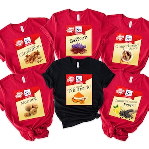 May include: Six red t-shirts with different spice designs. Each shirt features a white label with the text "SG Original Spice" and the name of the spice. The spices are: Ground Cinnamon, Saffron, Gingerbread Spice, Nutmeg, Ground Turmeric, and Limpy & Lemon Pepper.