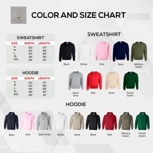 Może przedstawiać: Tabela kolor&oacute;w i rozmiar&oacute;w dla bluz i bluz z kapturem. Tabela wyświetla wymiary w calach dla S, M, L, XL i 2XL. Obraz przedstawia r&oacute;wnież r&oacute;żne kolory bluz i bluz z kapturem, w tym czarny, biały, r&oacute;żowy, granatowy i zielony.