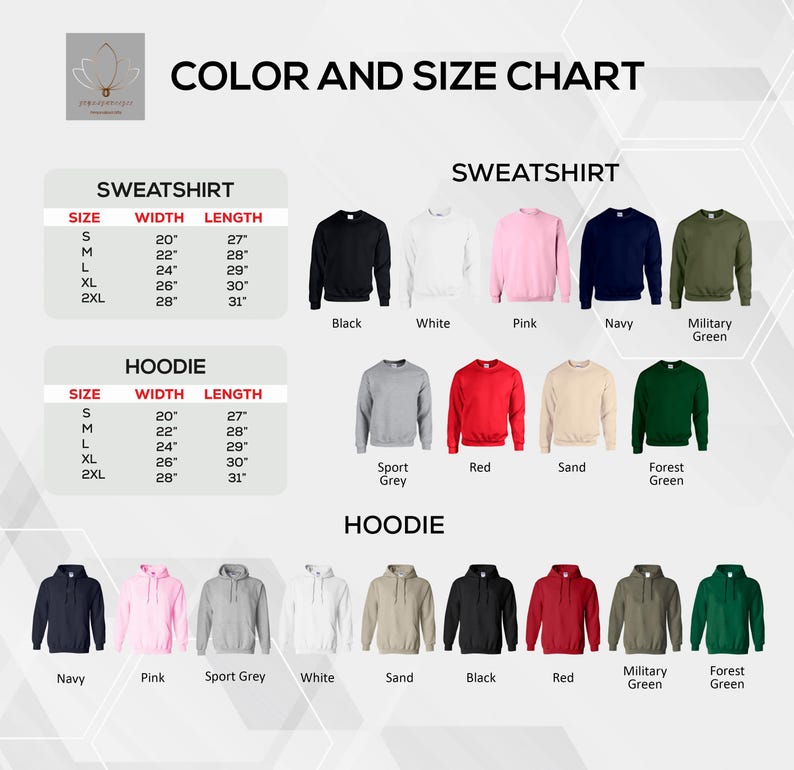 Może przedstawiać: Tabela kolor&oacute;w i rozmiar&oacute;w dla bluz i bluz z kapturem. Tabela wyświetla wymiary w calach dla S, M, L, XL i 2XL. Obraz przedstawia r&oacute;wnież r&oacute;żne kolory bluz i bluz z kapturem, w tym czarny, biały, r&oacute;żowy, granatowy i zielony.