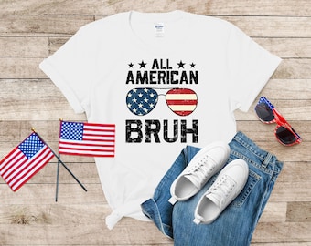 Funny 4th of July Boys T-Shirt, All American Bruh Shirt, USA Patriotic Sunglasses Tee, Retro American Flag Shirt, Men&#39;s Independence Day Tee