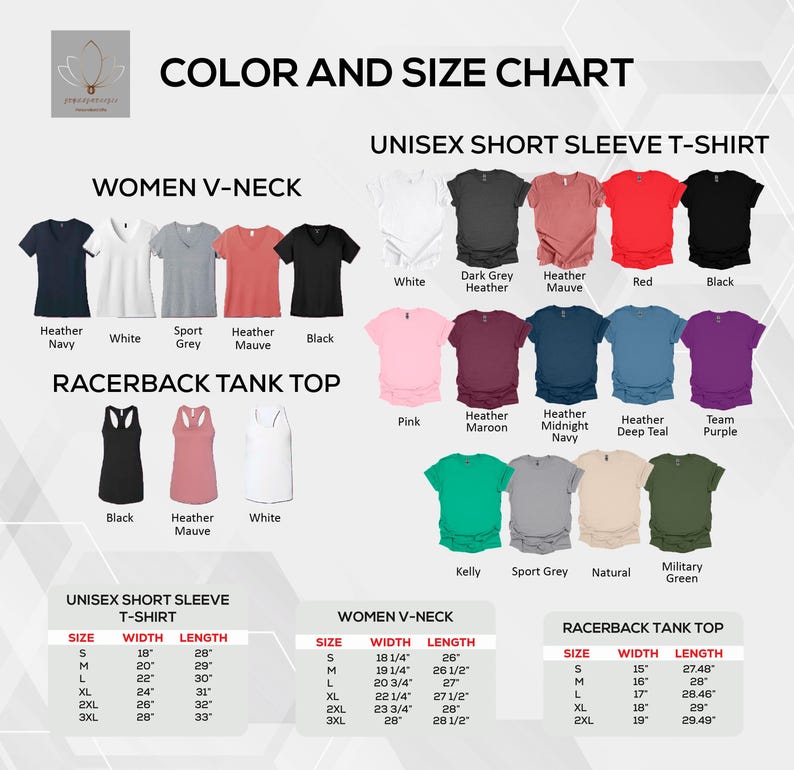 Puede incluir: Tabla de colores y tallas para camisetas de manga corta unisex, camisetas de cuello en V para mujer y tops de tirantes racerback. La tabla incluye una variedad de colores y tallas para cada estilo de camiseta. La tabla tambi&eacute;n incluye las medidas para cada talla, incluyendo el ancho y la longitud.