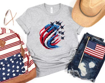 Red White Blue Airforce Flyover Shirt, Retro Fighter Jet Airplane 4th of July Shirt, Memorial Day Gift, Independence Day Tee, USA Flag Shirt