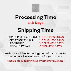 Puede incluir: Fondo blanco con texto negro que describe los tiempos de procesamiento y env&iacute;o. El tiempo de procesamiento es de 1 a 2 d&iacute;as. Los tiempos de env&iacute;o se enumeran para USPS First Class Mail, USPS Priority Mail, UPS Ground y UPS 2nd Day Air.