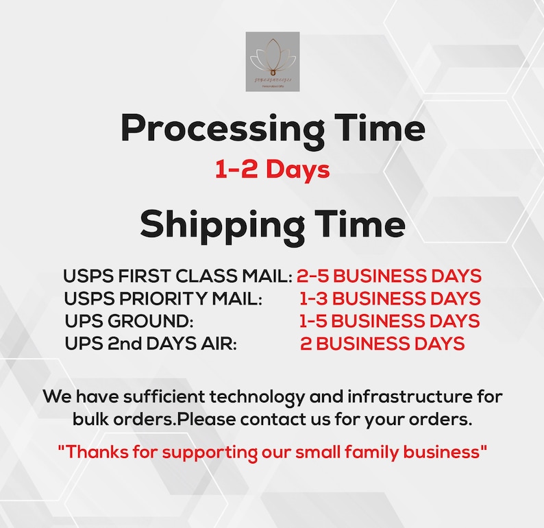 May include: White background with black text outlining processing and shipping times. Processing time is 1-2 days. Shipping times are listed for USPS First Class Mail, USPS Priority Mail, UPS Ground, and UPS 2nd Day Air.