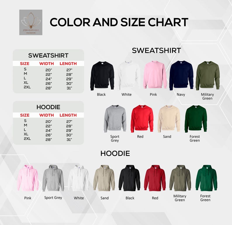 Puede incluir: Tabla de colores y tallas para sudaderas y sudaderas con capucha. La tabla muestra las medidas de ancho y largo en pulgadas para las tallas S, M, L, XL y 2XL. La tabla tambi&eacute;n muestra los diferentes colores disponibles para cada tipo de prenda.
