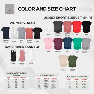 Może przedstawiać: Tabela kolor&oacute;w i rozmiar&oacute;w dla unisexowych t-shirt&oacute;w z kr&oacute;tkim rękawem, damskich dekolt&oacute;w w serek i top&oacute;w typu racerback. Tabela pokazuje r&oacute;żne kolory i rozmiary w cm.