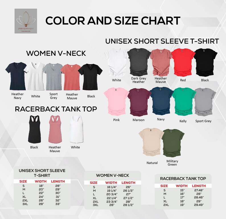 Może przedstawiać: Tabela kolor&oacute;w i rozmiar&oacute;w dla unisexowych t-shirt&oacute;w z kr&oacute;tkim rękawem, damskich dekolt&oacute;w w serek i top&oacute;w typu racerback. Tabela pokazuje r&oacute;żne kolory i rozmiary w cm.