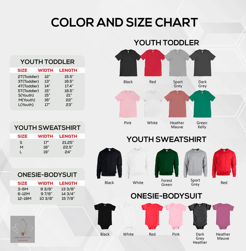 Puede incluir: Tabla de colores y tallas para ropa de ni&ntilde;o peque&ntilde;o y sudadera para j&oacute;venes. La tabla muestra los diferentes tama&ntilde;os y las medidas de ancho y largo correspondientes en pulgadas. La tabla tambi&eacute;n muestra los diferentes colores para cada tipo de prenda, incluyendo negro, rojo, blanco, gris, rosa, verde, morado jaspeado y verde kelly.