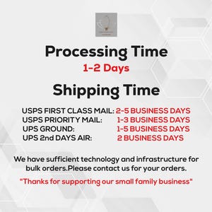 Puede incluir: Fondo blanco con texto que detalla los tiempos de procesamiento y env&iacute;o. El texto incluye "Tiempo de procesamiento 1-2 d&iacute;as" y "Tiempo de env&iacute;o" con varias opciones de USPS y UPS. La imagen tambi&eacute;n incluye un logotipo y un mensaje de agradecimiento.