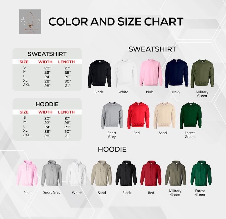 May include: Color and size chart for sweatshirts and hoodies. The chart shows the width and length measurements for each size, from small to 2XL. The chart also shows the different colors available for each type of garment. The colors include black, white, pink, navy, military green, sport grey, red, sand, and forest green.