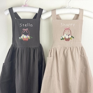 Personalized Children's Apron, Cotton Linen Apron, Cooking Pinafore for Girls, Tie-string apron, Gifts for Kids   V10