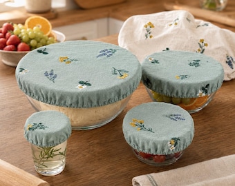 Embroidered Cotton Bowl Covers Set, 4 Sizes Reusable Fabric Food Covers, Sourdough Bread Proofing Cover, Cottage Kitchen Gift