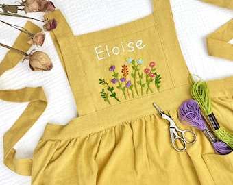 Hand Embroidered Floral Apron, Cotton Linen Blend, Protective Cooking Gardening Apron, Birthday and Christening Gift for Children  V15