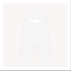 May include: A white swaddle blanket with a rounded hood, designed for wrapping a baby.
