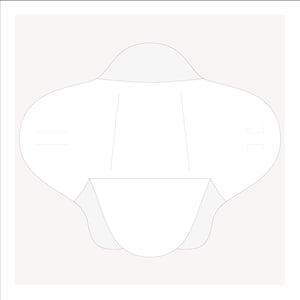 May include: A white sanitary pad with a curved shape and a raised center section. The pad has two lines on each side.