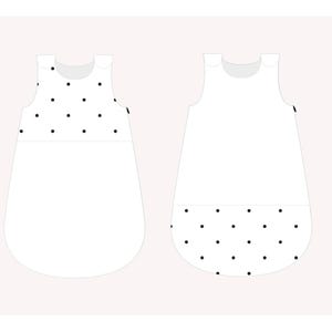 May include: Two white sleeveless sleep sacks for babies. One has a black polka dot pattern on the top and the other has a black polka dot pattern on the bottom.