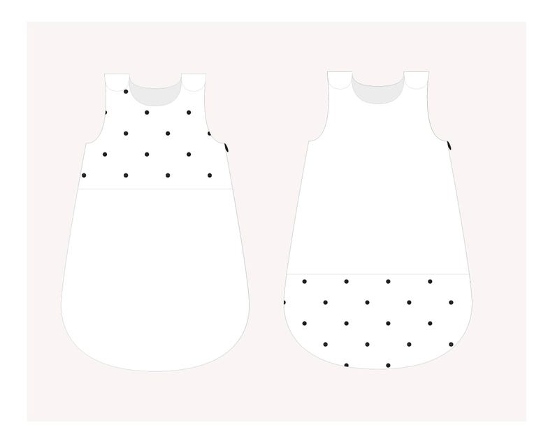 May include: Two white sleeveless sleep sacks for babies. One has a black polka dot pattern on the top and the other has a black polka dot pattern on the bottom.