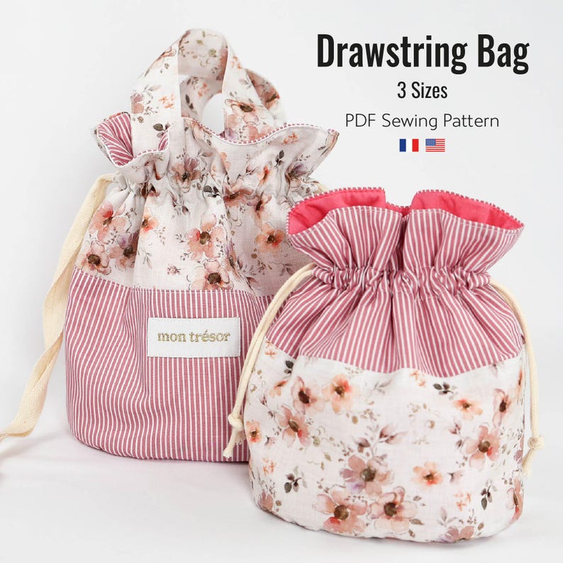 Drawstring bag pattern, drawstring bag with handle pattern digital pdf pattern image 1